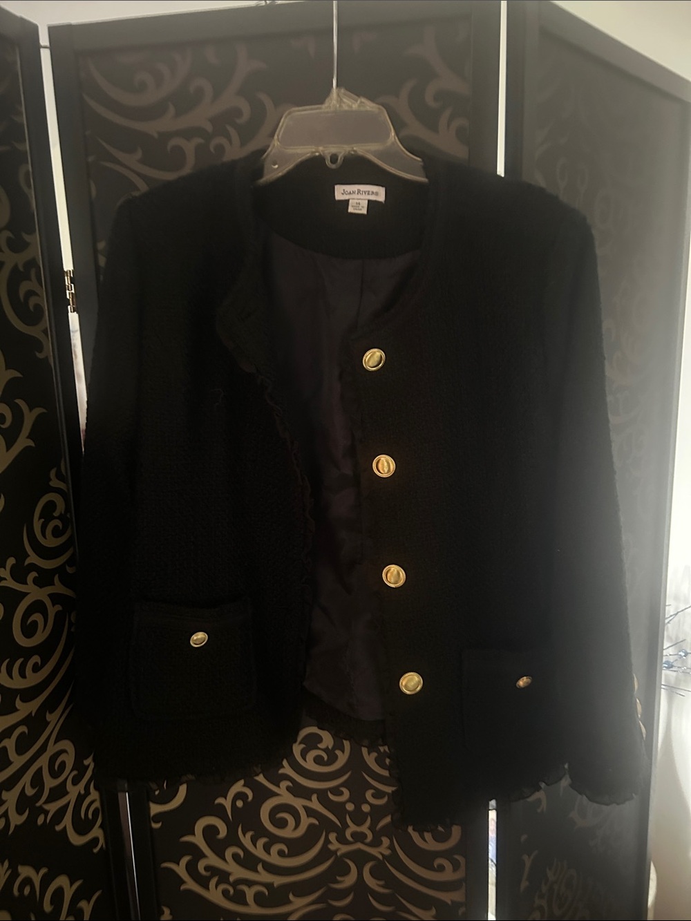 Joan Rivers Black Bouclé Blazer with Gold Buttons and fine lace around sleeves